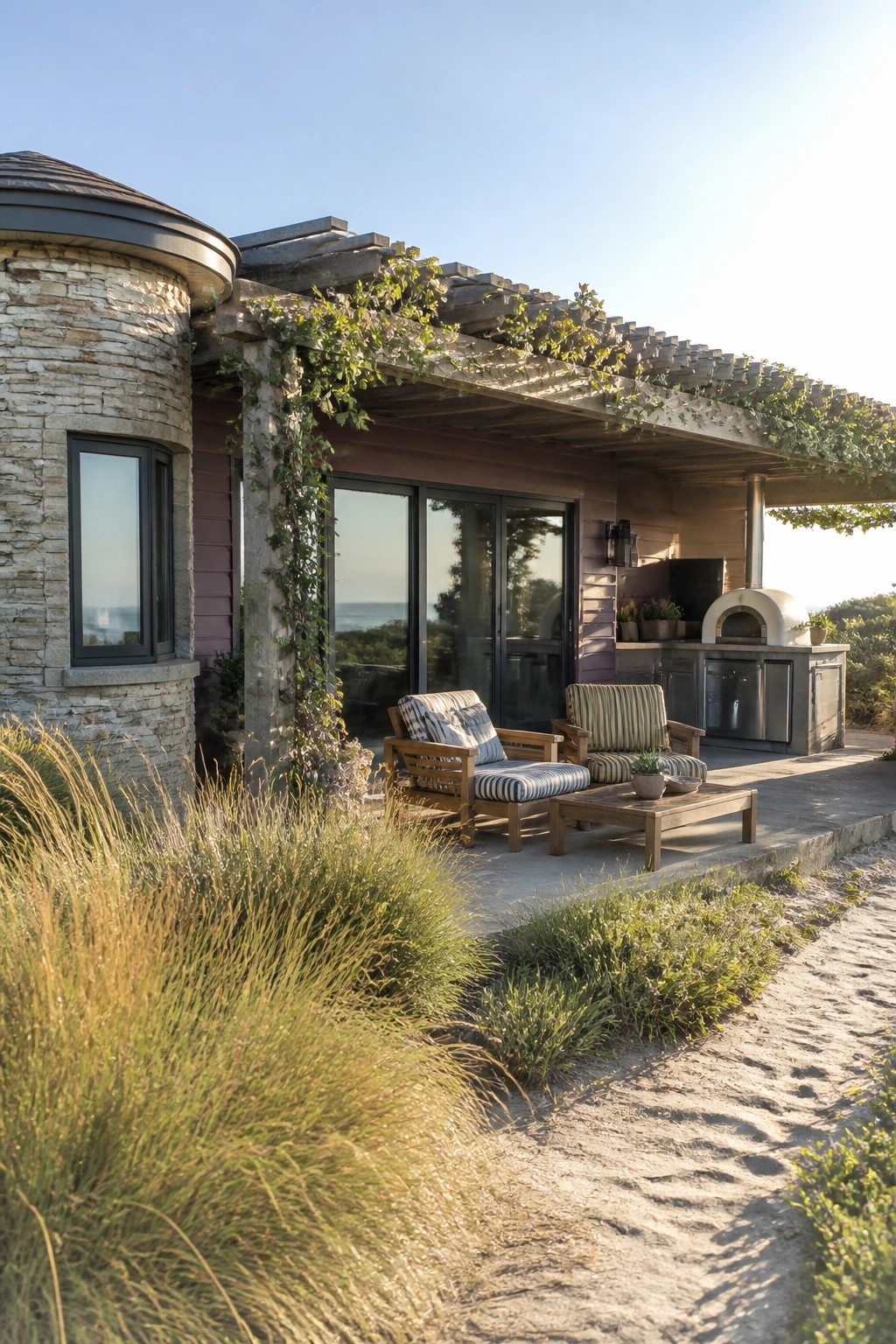 Coastal patio with striped chairs, wooden table, pizza oven, and ocean view