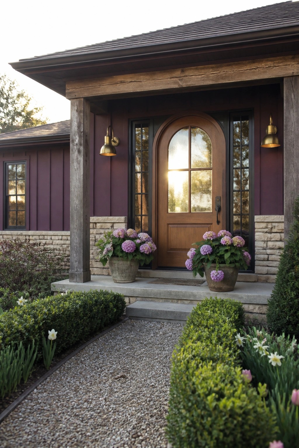 Front view of a ranch house with plum siding, a central wooden arched door with sidelights, stone bases on the porch, brass sconces, and two large potted hydrangeas.