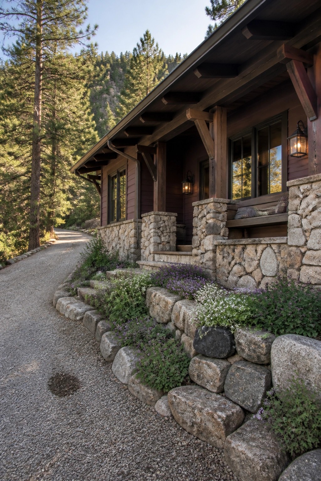 A ranch house with plum siding, dark wood trim, and a stone foundation and steps sits next to a gravel path with rock edging and flowers.
