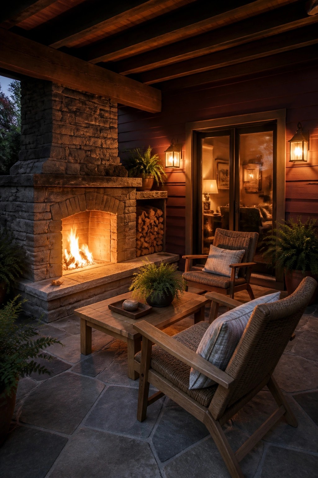 A covered stone patio with a large built-in fireplace, wooden armchairs, and potted ferns beside dark wood siding.
