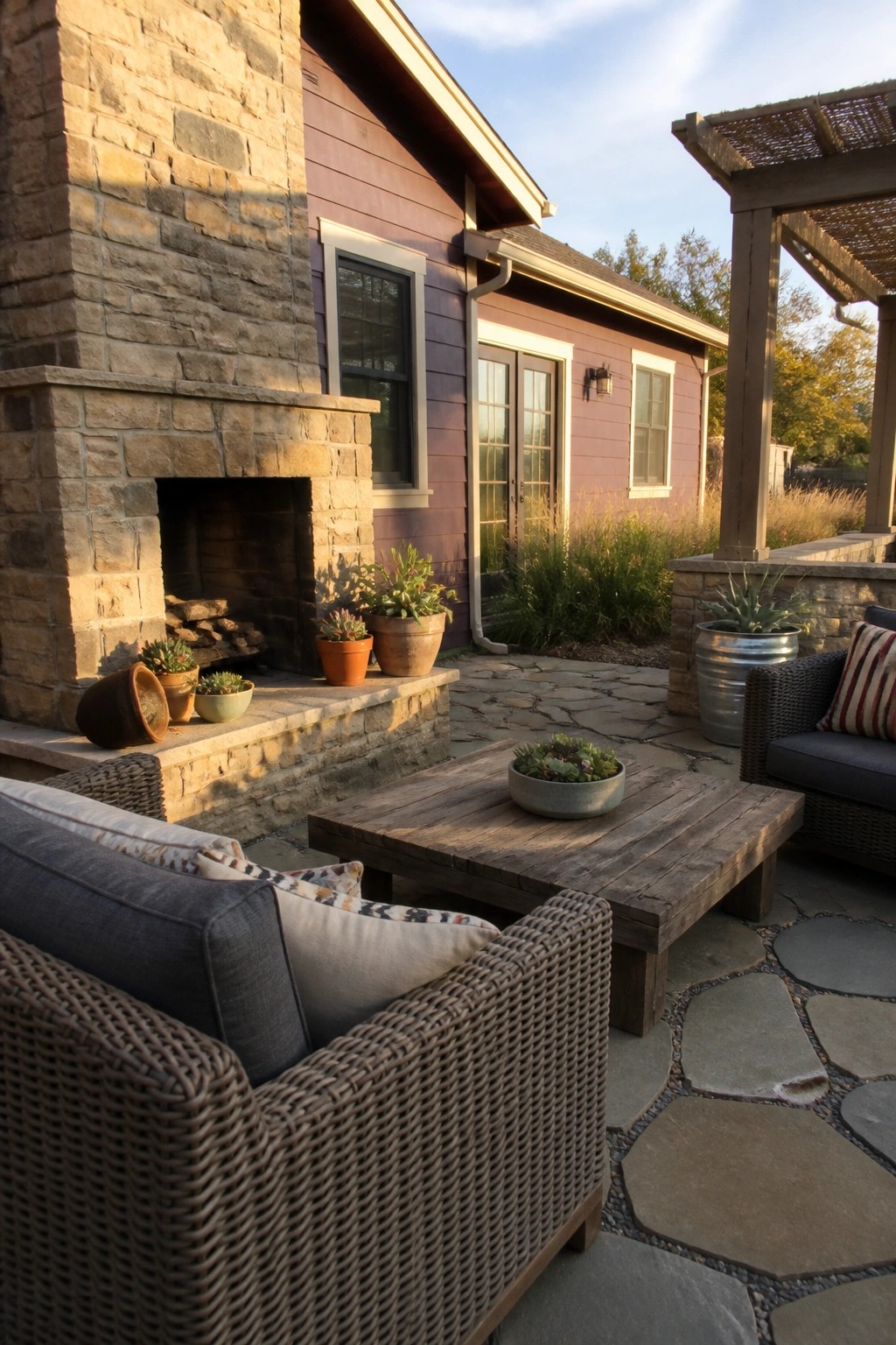 A stone fireplace on the side of a house with plum siding, surrounded by potted plants and a patio with wicker seating and a wooden coffee table under a pergola.