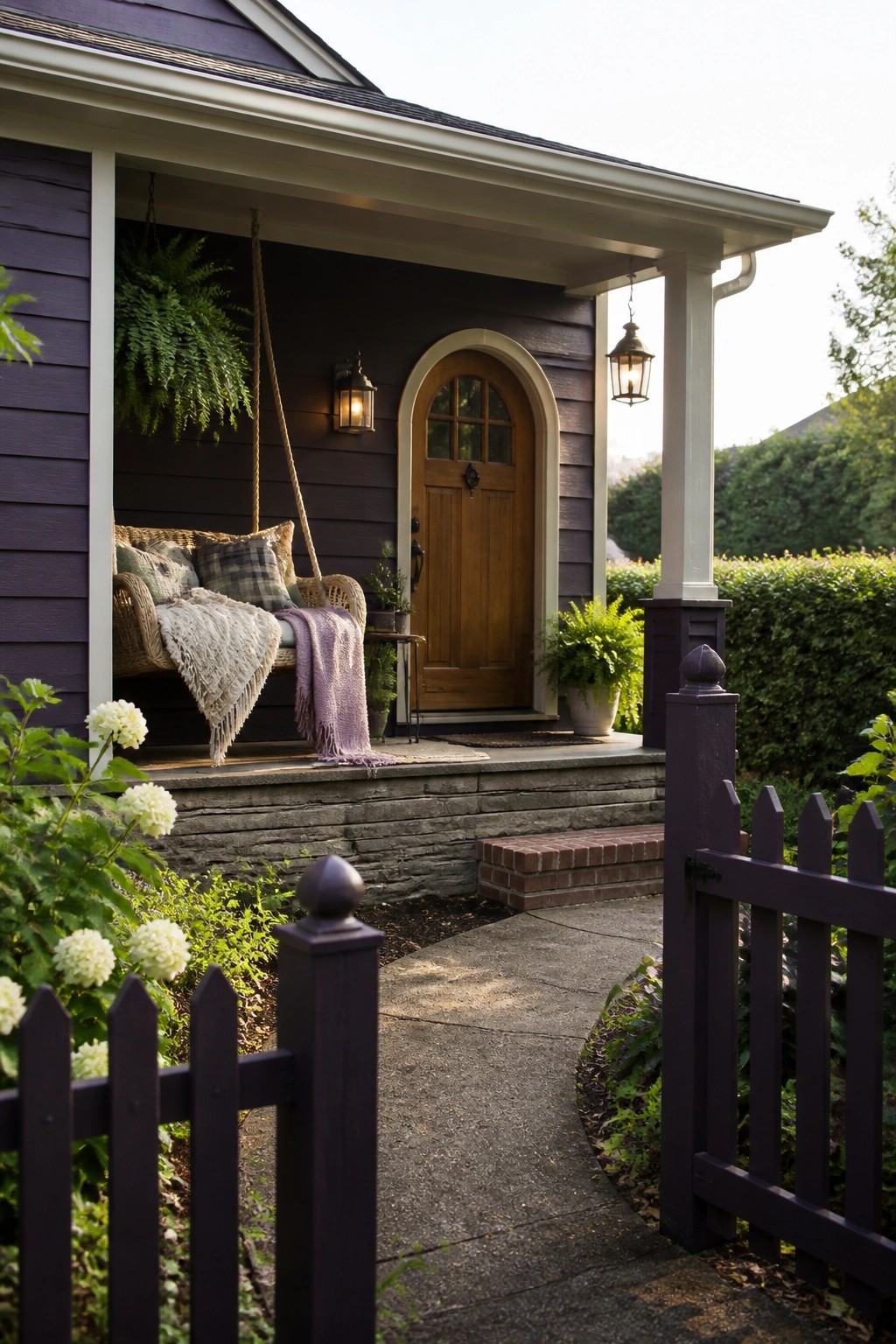 A purple-sided ranch house exterior with a stone foundation, arched wooden door, covered porch with hanging chair, brick steps, and a concrete path leading to a purple picket fence.