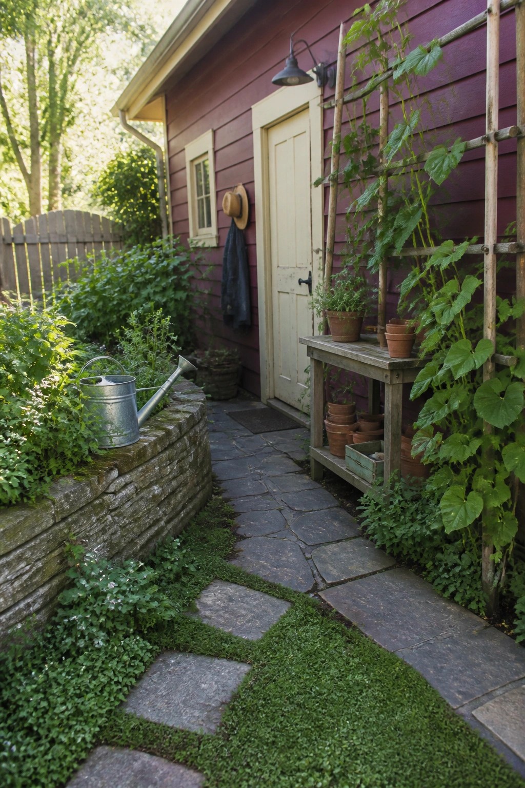Stone path with watering can on wall leads to purple cottage door amid plants.
