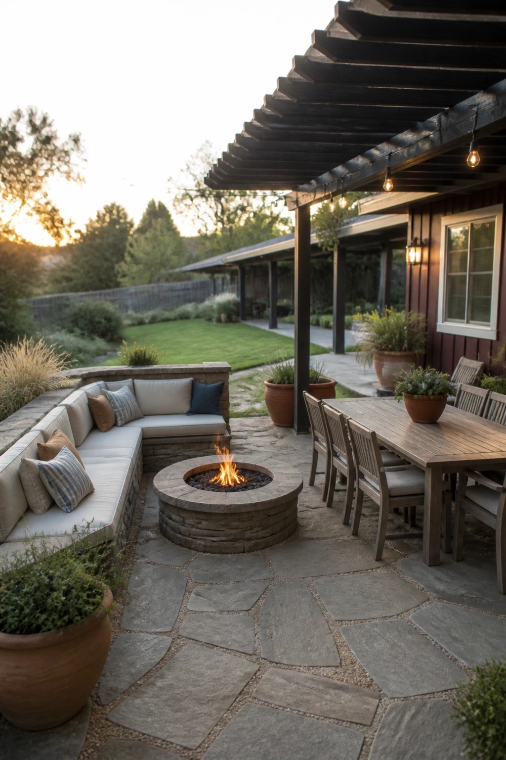 A stone patio at dusk features a circular fire pit surrounded by an L-shaped cushioned bench, a wooden dining table with chairs, and a dark pergola with string lights.