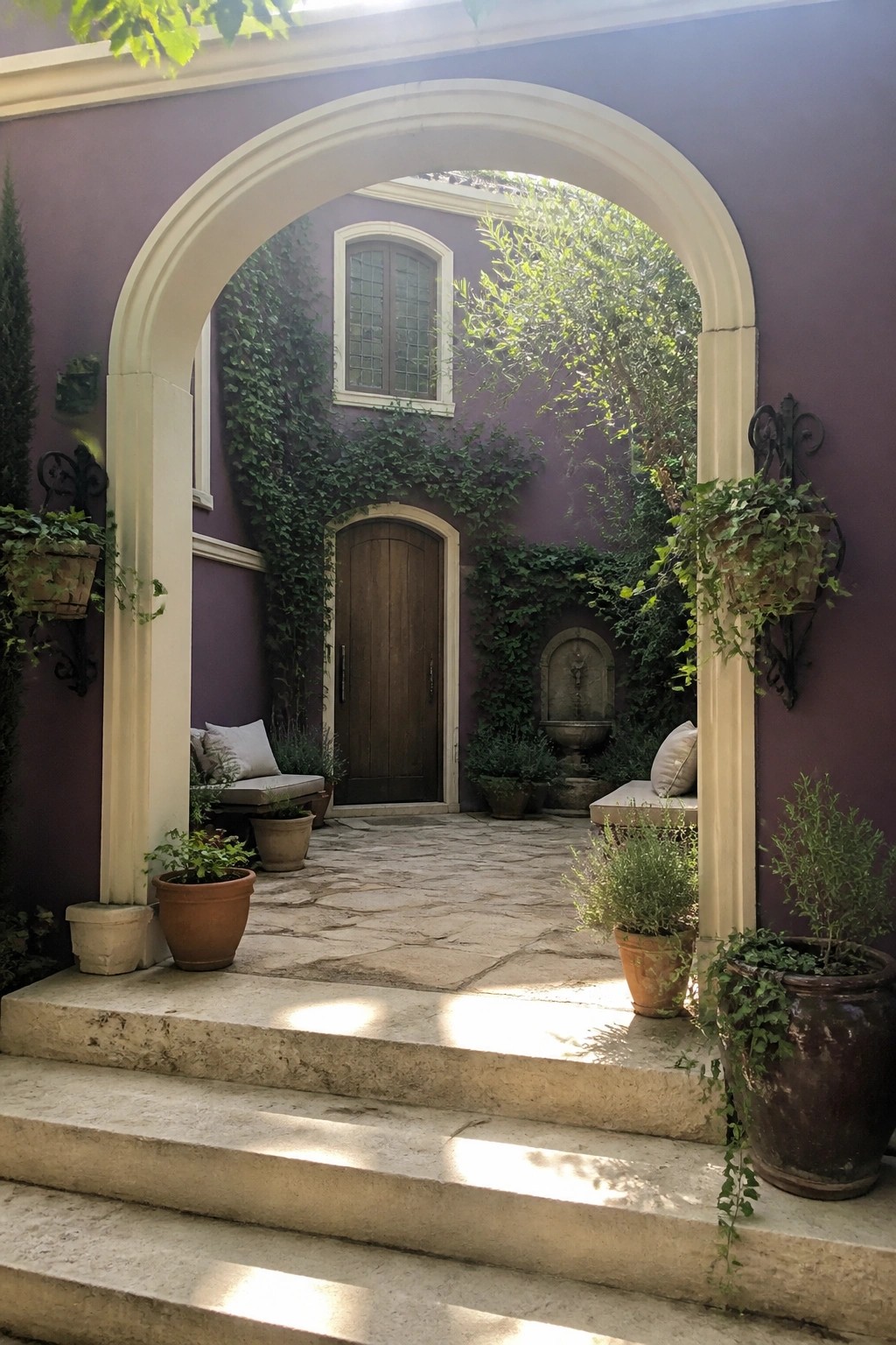A plum-colored house exterior viewed through a large cream arch, showing a wooden door, ivy-covered walls, a small fountain, and potted plants on stone steps.