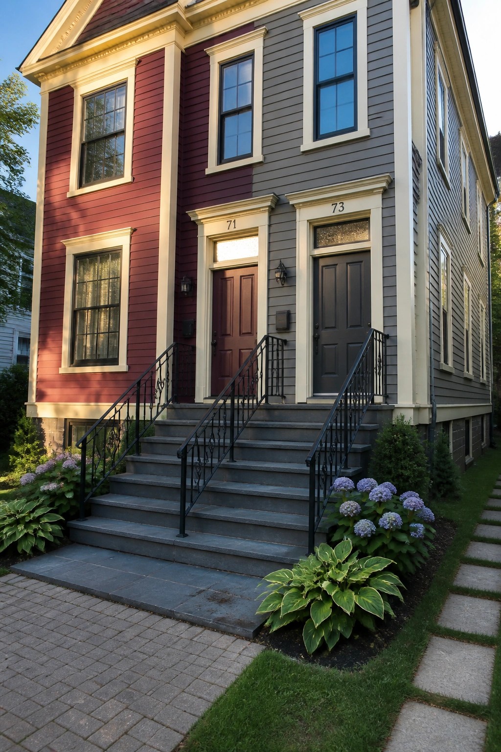 A two-story house exterior with red plum siding on the left, gray siding on the right, cream trim around windows and doors, and dual entrances with dark stairs.