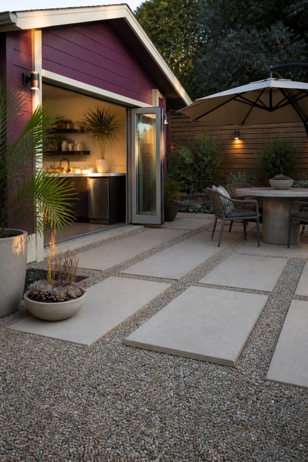 A plum-colored house with cream trim has an open door to an outdoor patio paved with large concrete stones set in gravel, featuring a round table with chairs and a large umbrella.