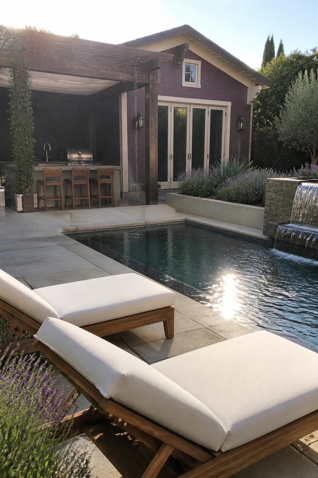 A plum-colored house with cream trim around windows and doors sits beside a swimming pool with an outdoor kitchen and lounge chairs.