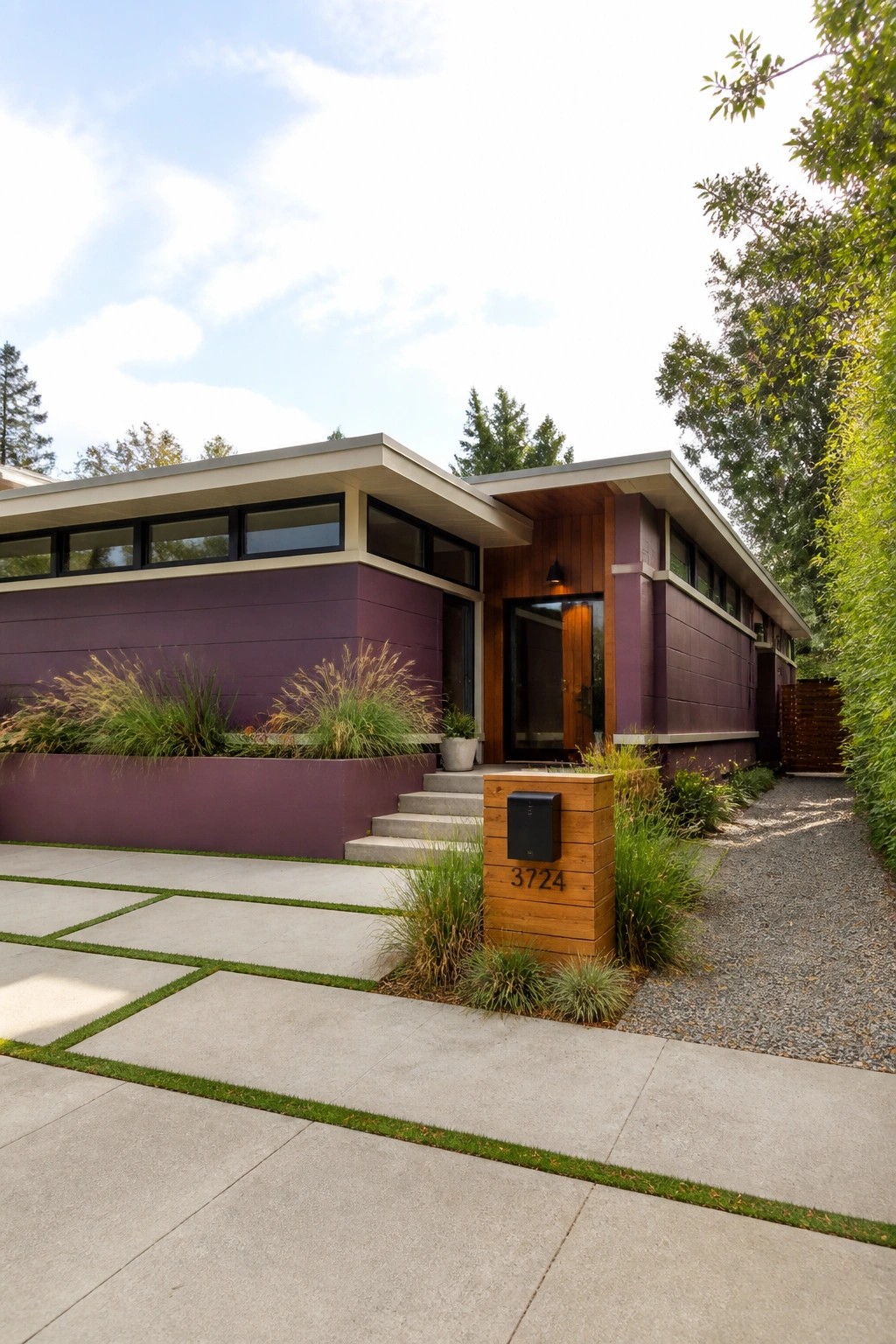 A modern single-story house with plum-colored horizontal siding, cream trim, wood entry details, and a concrete walkway with a gravel side path.