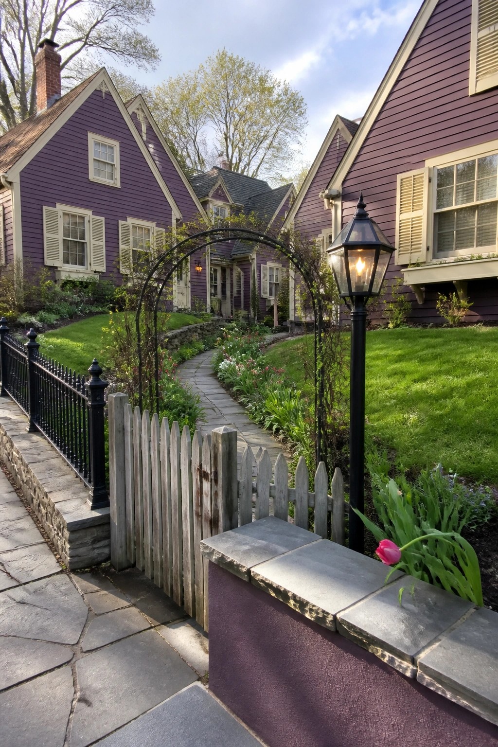 Purple houses along stone path with wooden fence, lit lamppost, and tulip garden