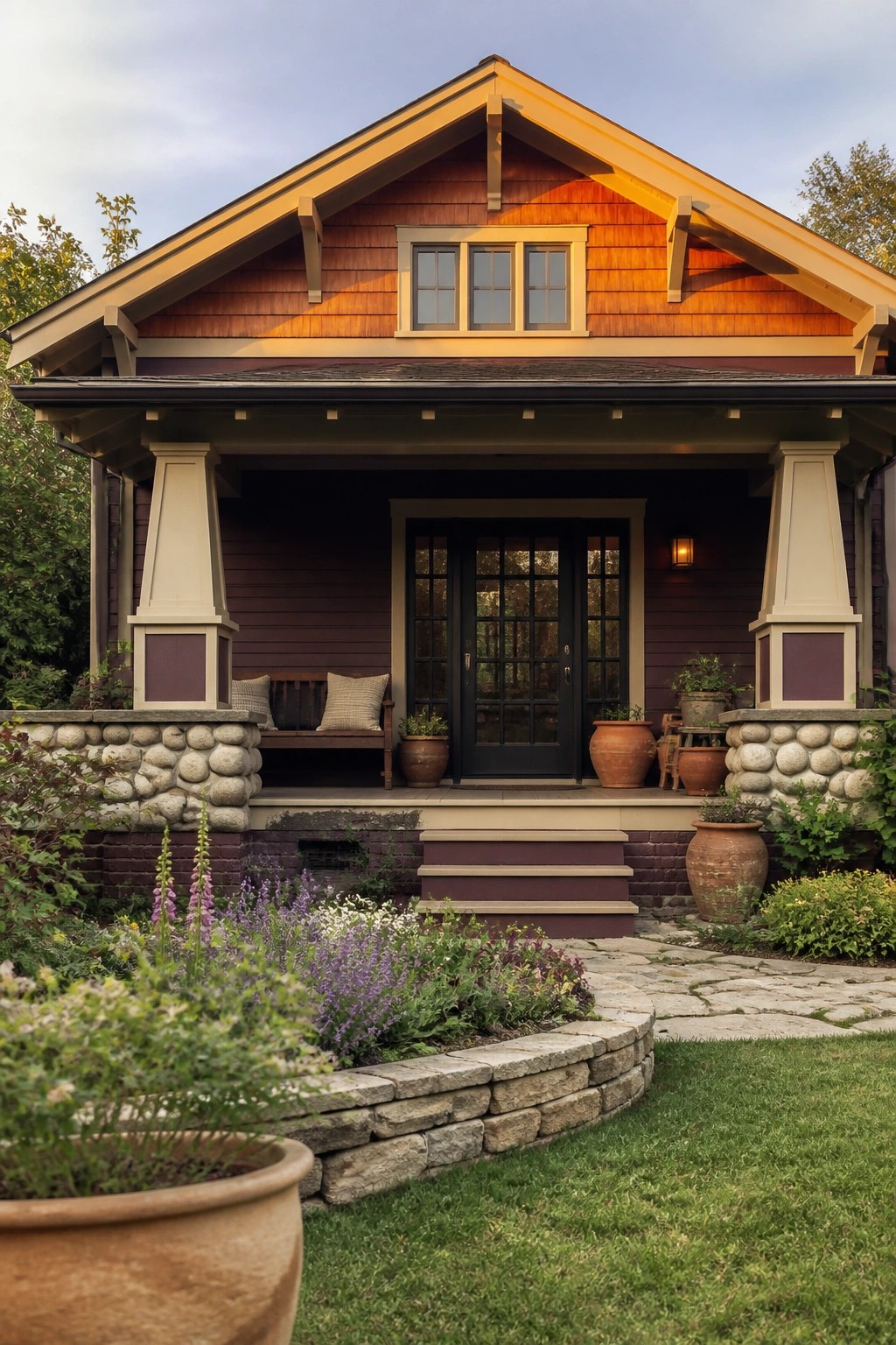 Craftsman house with wooden siding, stone porch pillars, terracotta pots, and garden.