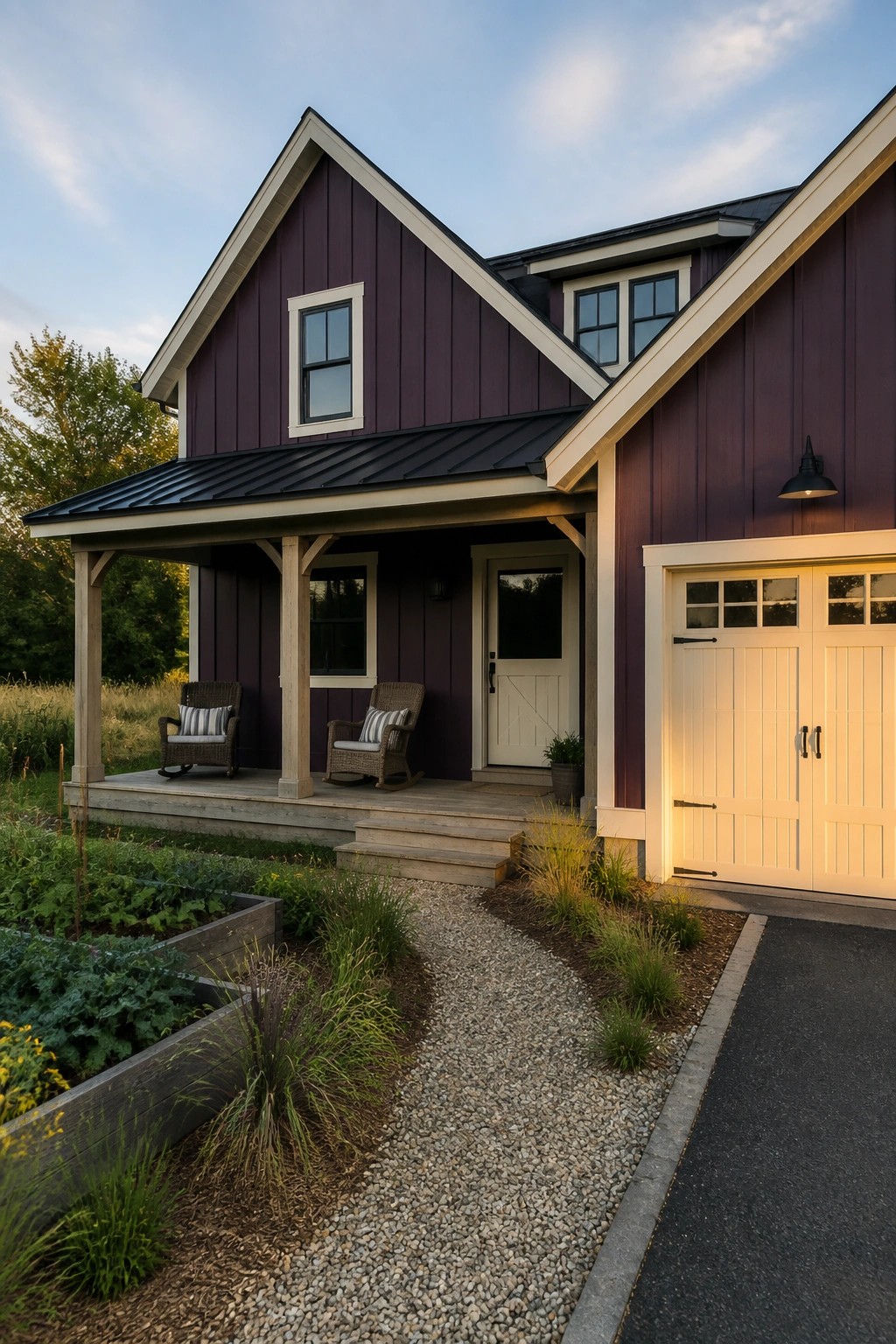 Purple house with porch rocking chairs, gravel path, garden beds, and white garage.