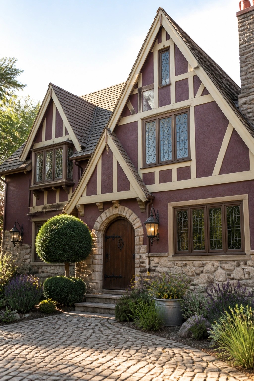 A two story house with plum colored siding, cream half timbering, stone foundation, arched wooden entry door, and multi pane windows.