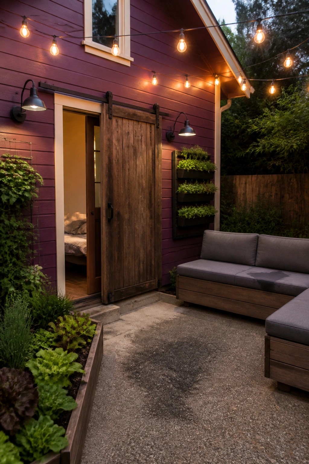 A plum-colored house with cream trim shows a wooden sliding barn door, wall-mounted lights, and an outdoor sofa beside a vertical planter.