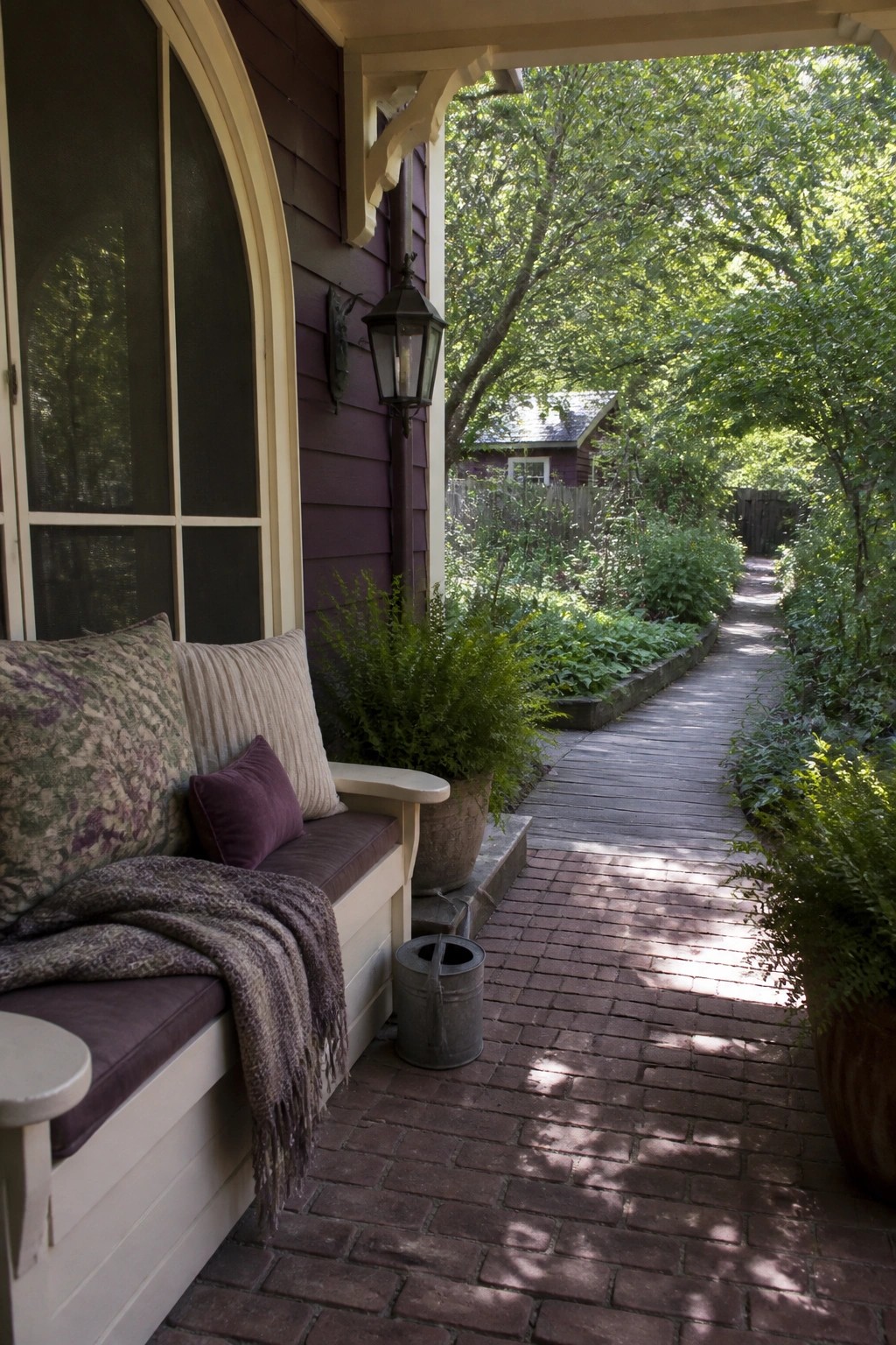 A house exterior shows deep plum siding with cream trim around an arched window and porch, a wooden bench with cushions, a black lantern, and a brick path beside potted plants.