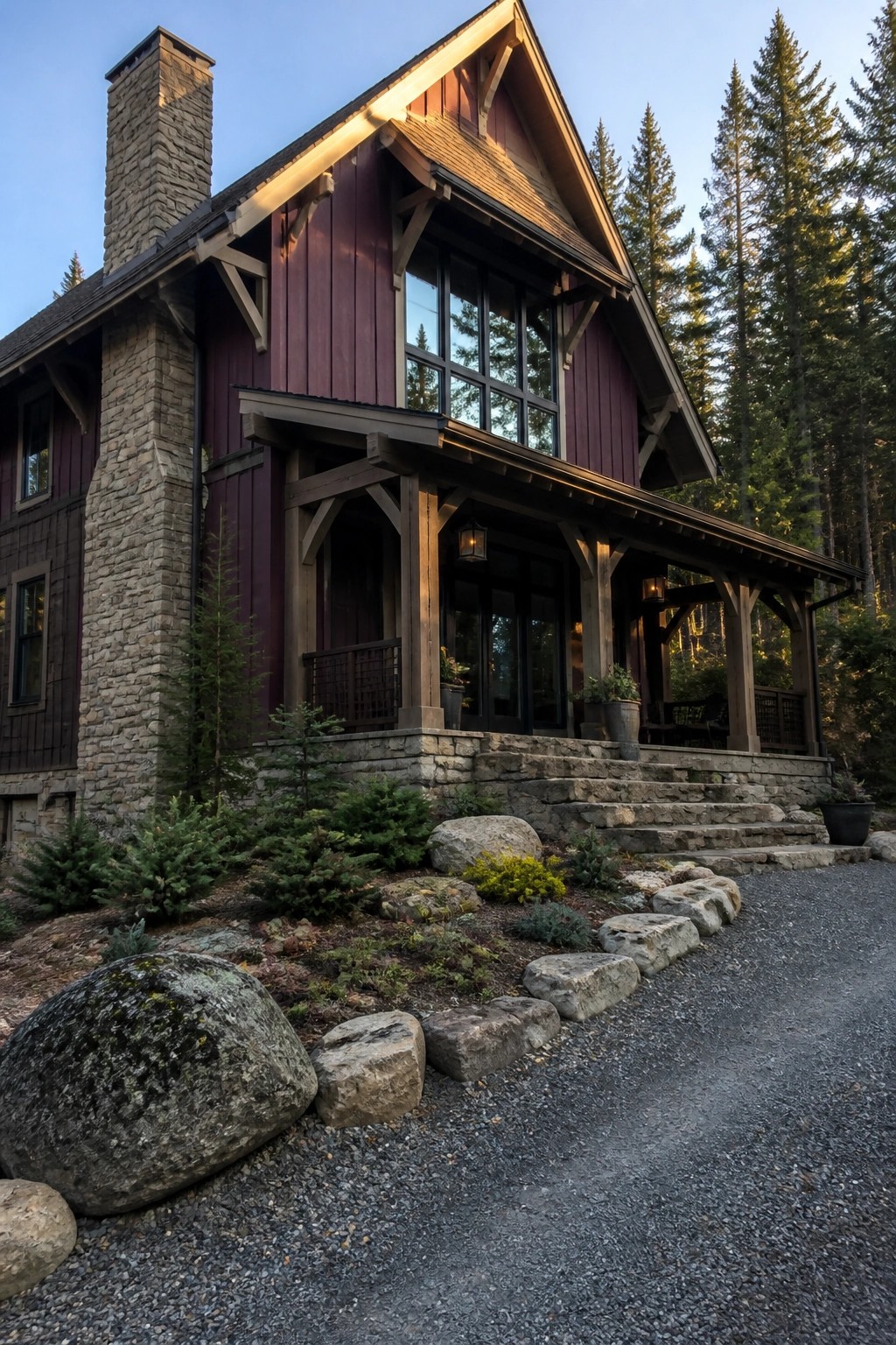 Rustic red wooden cabin with stone chimney, porch, and pine forest backdrop.
