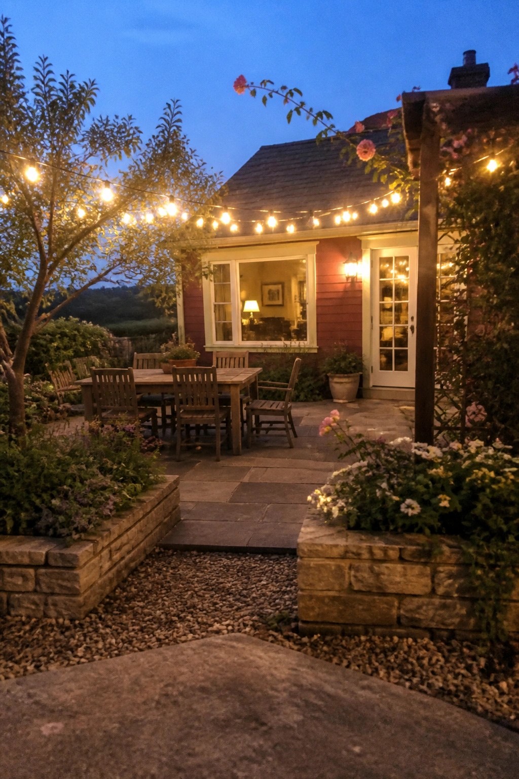 Cozy dusk patio with string lights, wooden table, red house, and blooming flowers.