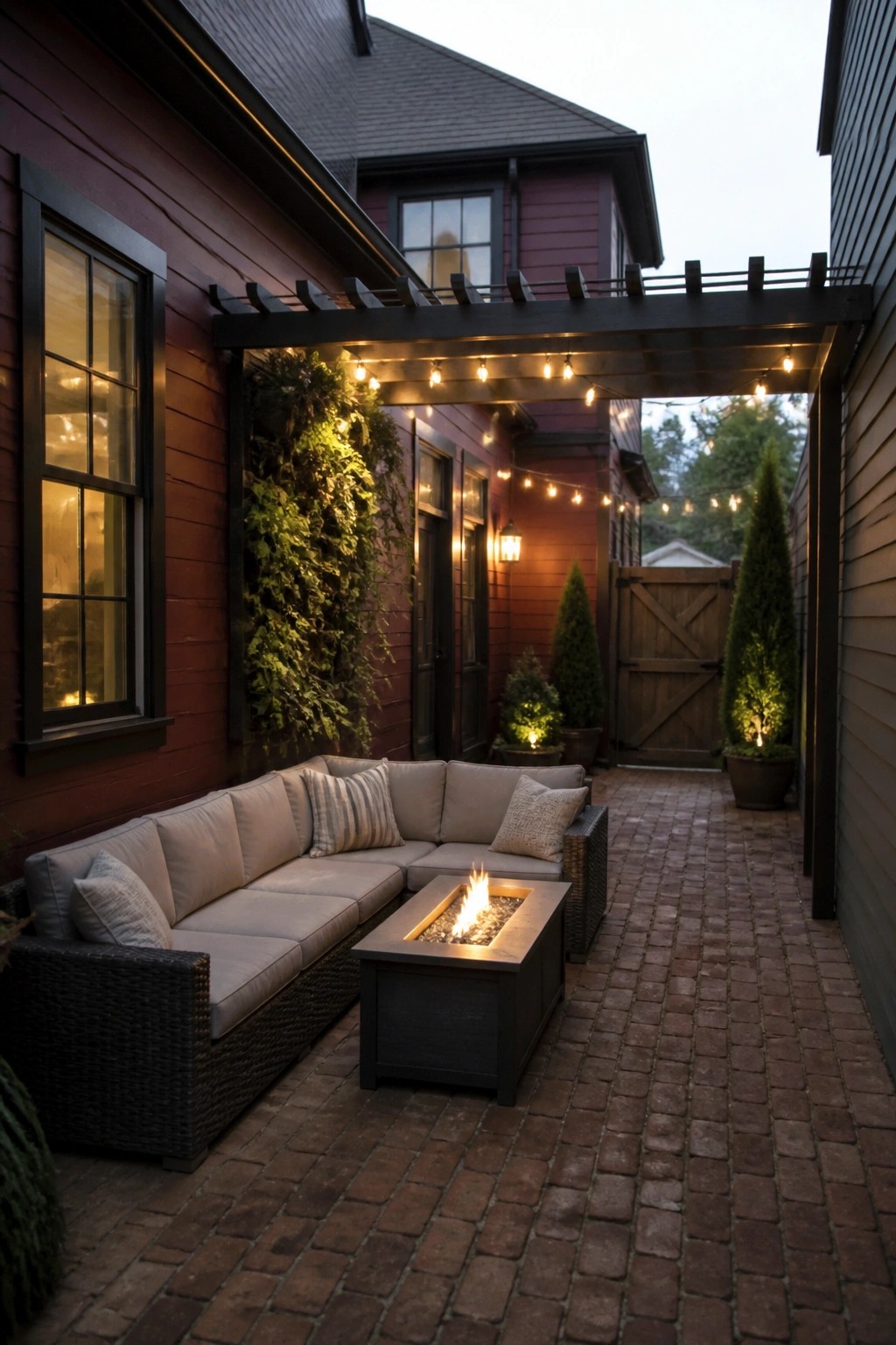 Brick patio with a large sectional sofa and rectangular fire pit under a pergola with string lights, next to a maroon house.