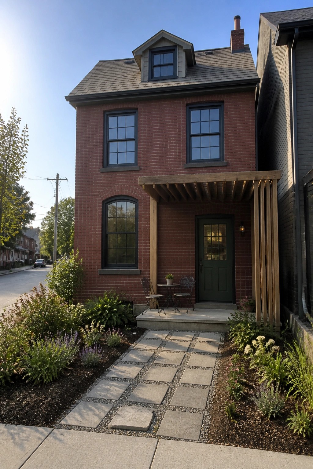 Red brick house with green door, black windows, wooden awning, and stone garden path.