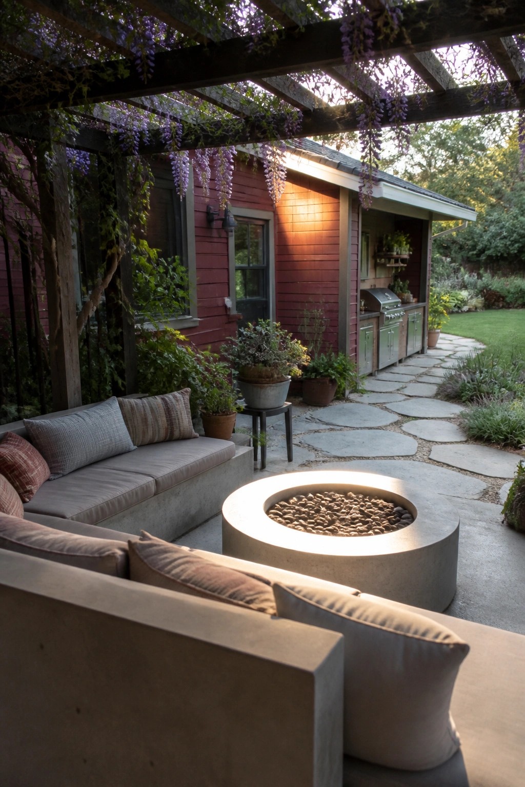 A concrete fire pit with glowing light sits at the center of an outdoor seating area with cushioned sofas, positioned under a wooden pergola with hanging purple flowers beside a maroon house with an outdoor kitchen.