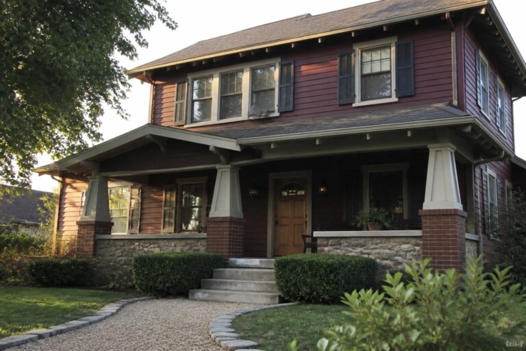 Red two-story house with brick porch pillars, wooden door, and gravel path to steps.