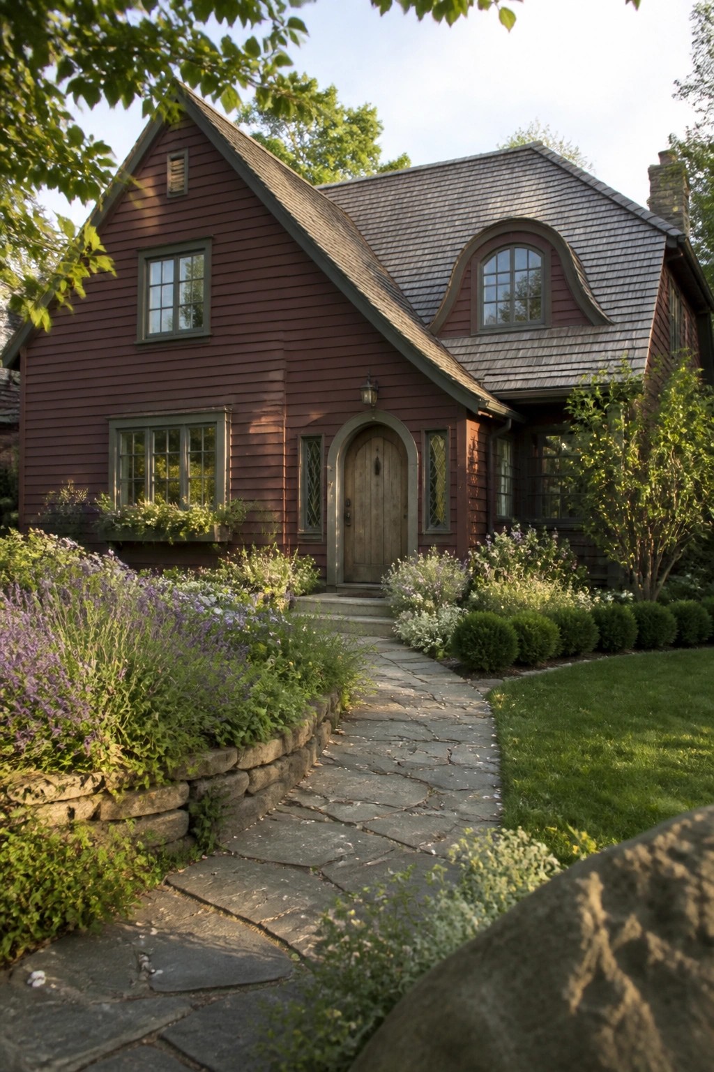 A maroon wooden house with a gray shingled roof, an arched entry door, and a stone path leading through garden beds.