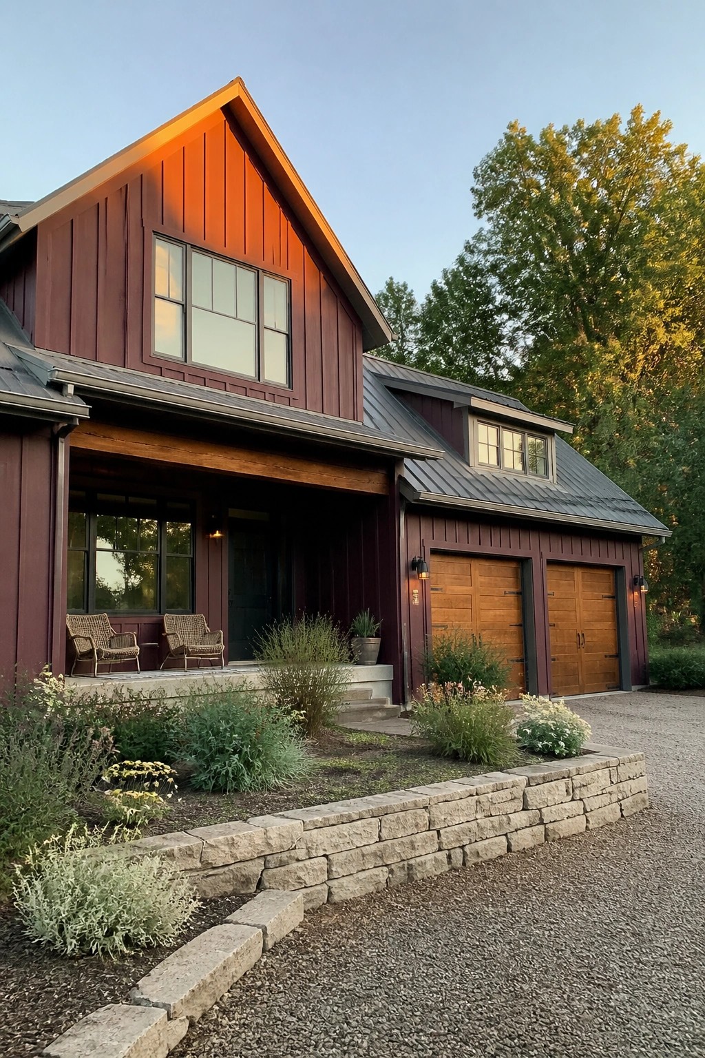 Modern dark red house with wooden garage doors, porch chairs, and stone wall