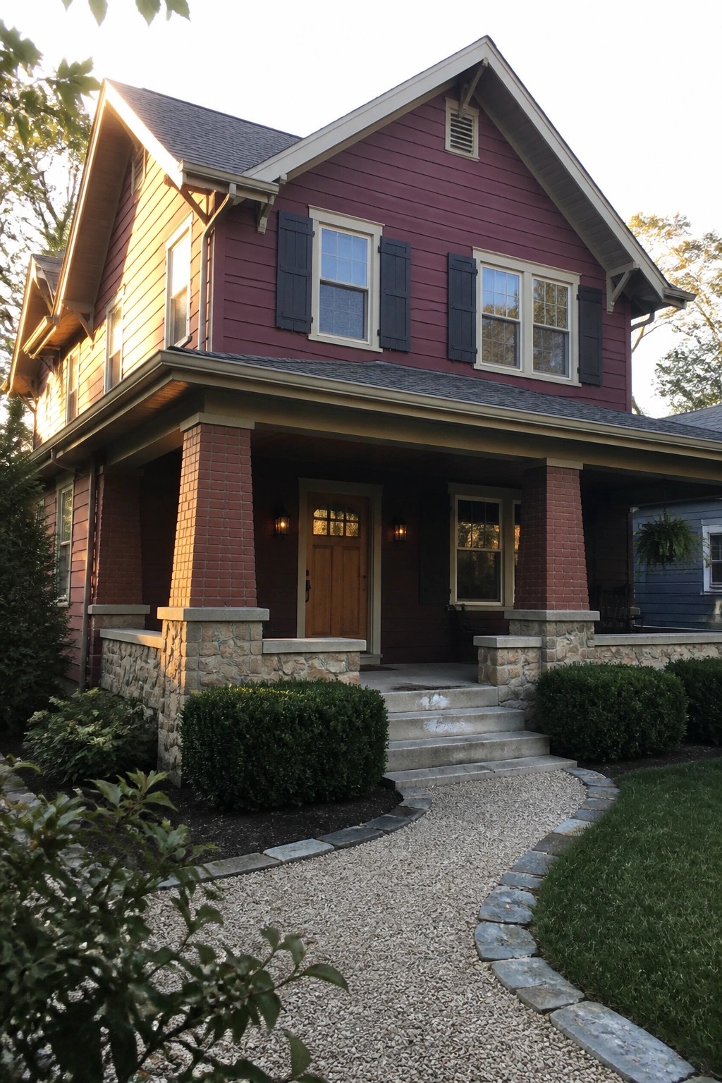 Red two-story house with brick porch pillars, wooden door, and gravel path to steps.
