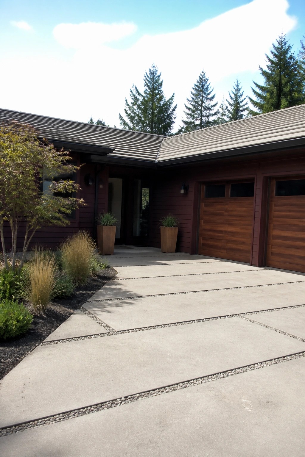 A single-story house with maroon siding, warm gray roof, two wooden garage doors, and a concrete driveway with gravel lines and potted plants.