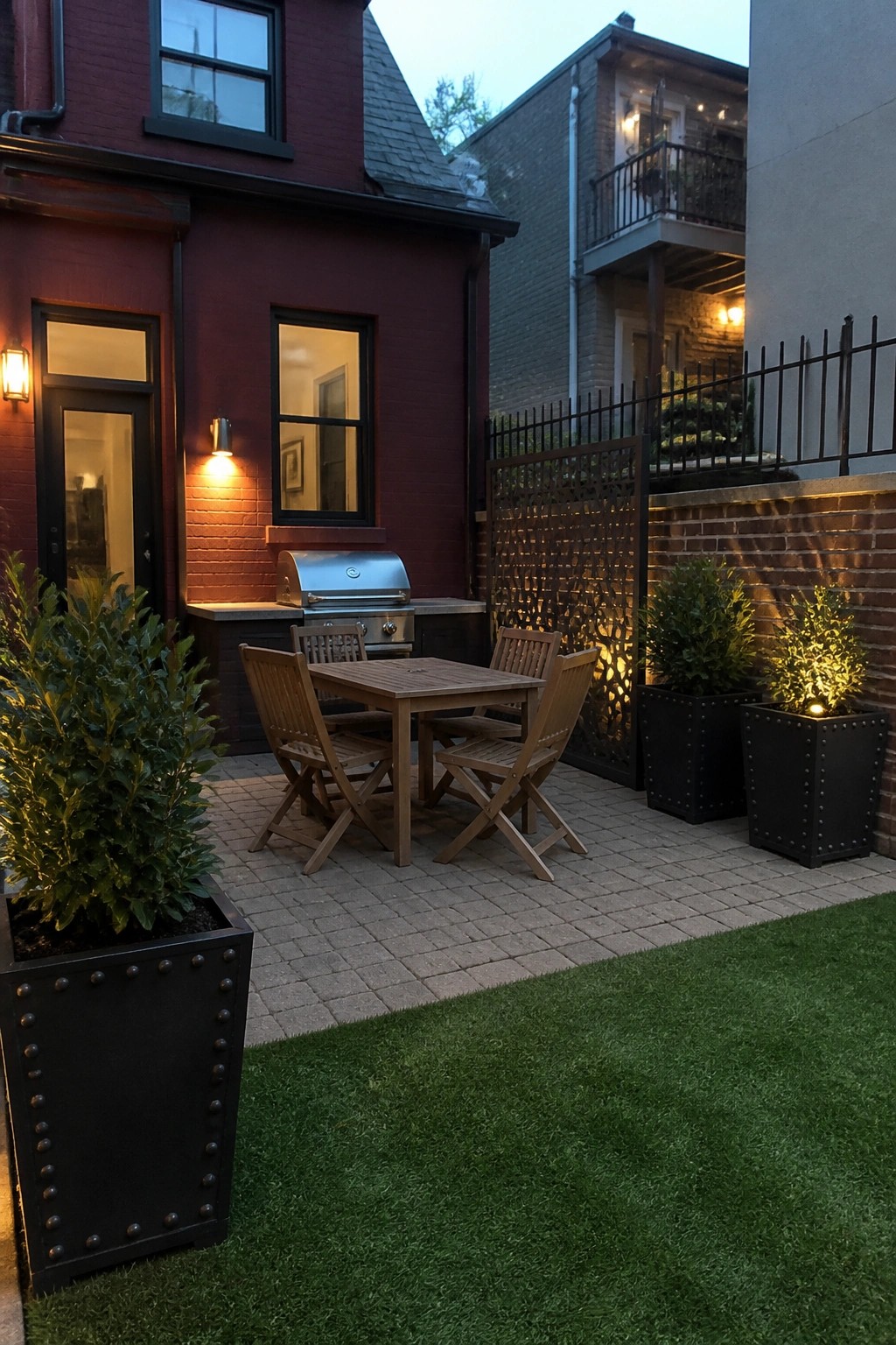 A maroon brick house with a paved patio featuring a wooden dining table, chairs, built-in grill, and black planters with greenery at dusk.