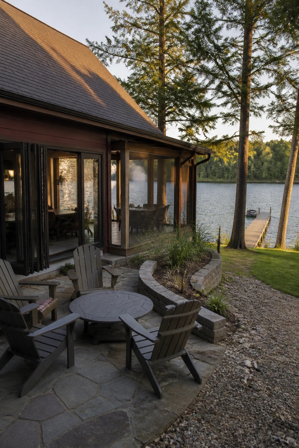 Adirondack chairs on stone patio beside lakeside house with wooden dock