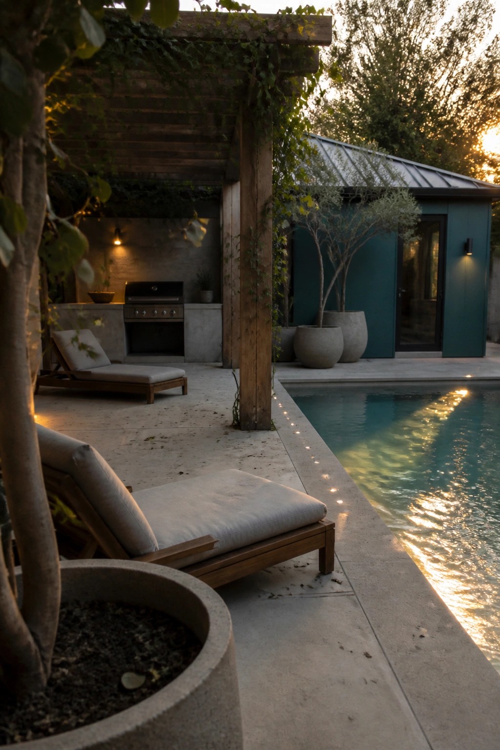 Poolside patio with lounge chairs, outdoor grill, large planters, and teal building at sunset.