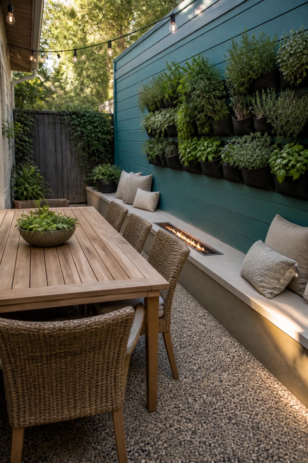 A wooden outdoor dining table with woven chairs on gravel next to a built-in concrete bench with cushions, an integrated fire pit, vertical planters on a teal wall, and string lights overhead.