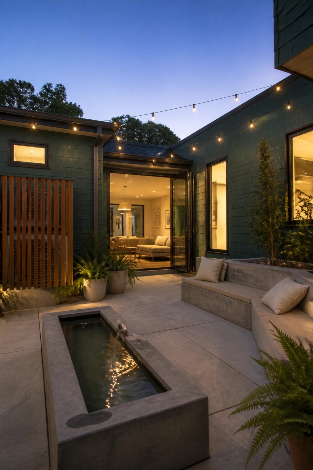 Modern green house courtyard with concrete fountain, string lights, and open living room at dusk.