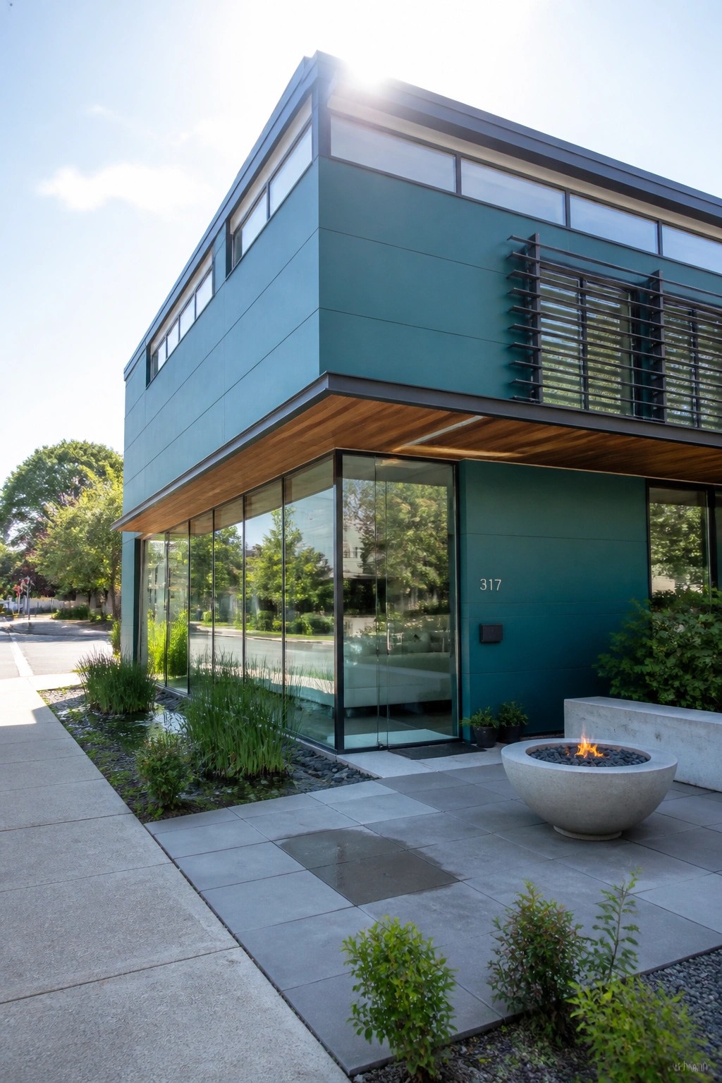 Modern two-story house clad in teal fiber cement panels with large glass windows, wood soffit, and a round concrete fire pit on the side patio.