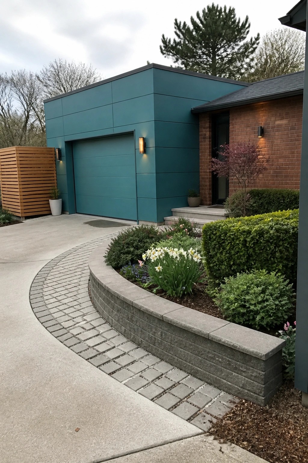 A modern house exterior with large teal fiber cement panels covering the main section and garage, a brick wing on the right, and a curved stone retaining wall with plantings in front.
