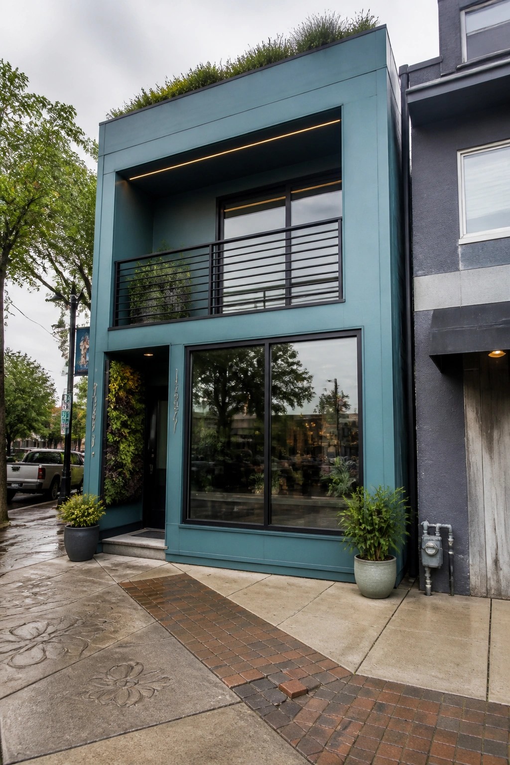 A two-story modern house clad in teal fiber cement panels with a recessed balcony, large ground-floor windows, and a planted green roof.
