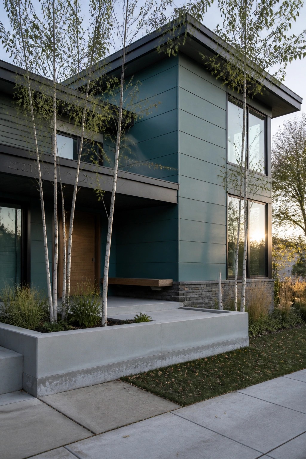 Modern two-story house clad in vertical teal fiber cement panels with dark trim, large windows, a wood entry door, and a concrete porch.