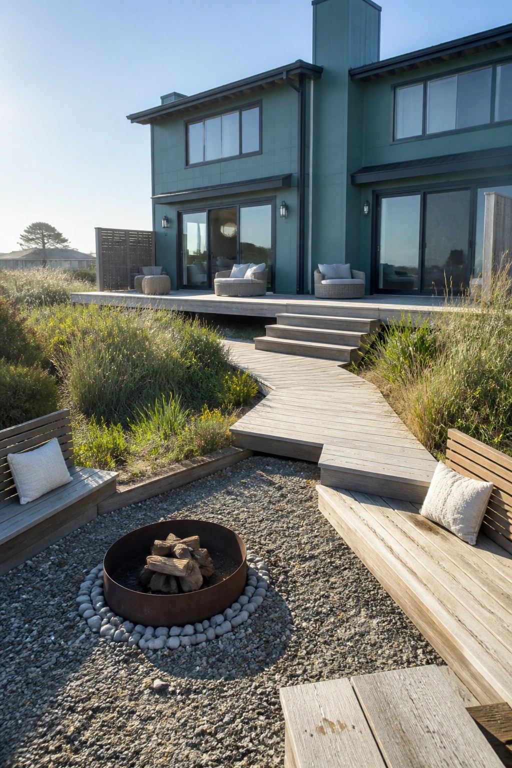 Modern teal house with deck, curving wooden path, fire pit, and benches amid grasses.