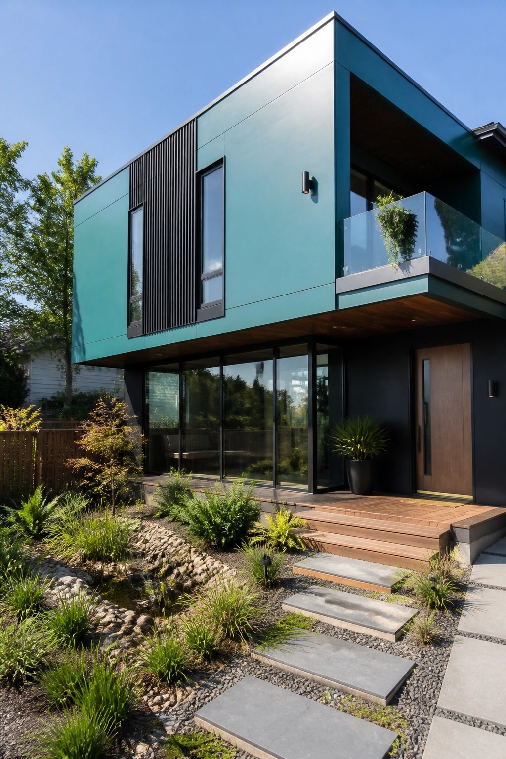 Modern teal house with large windows, wooden deck, stairs, and garden pond