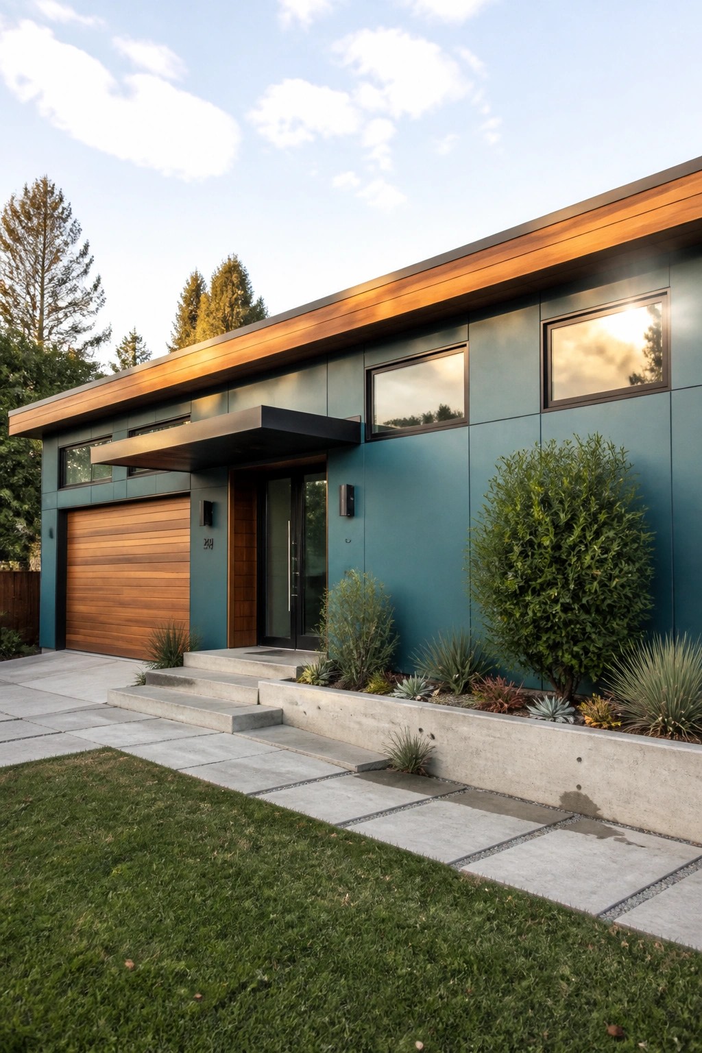 A modern teal house exterior featuring smooth fiber cement panels, a wooden garage door, black-framed windows, and concrete steps leading to the front entry.