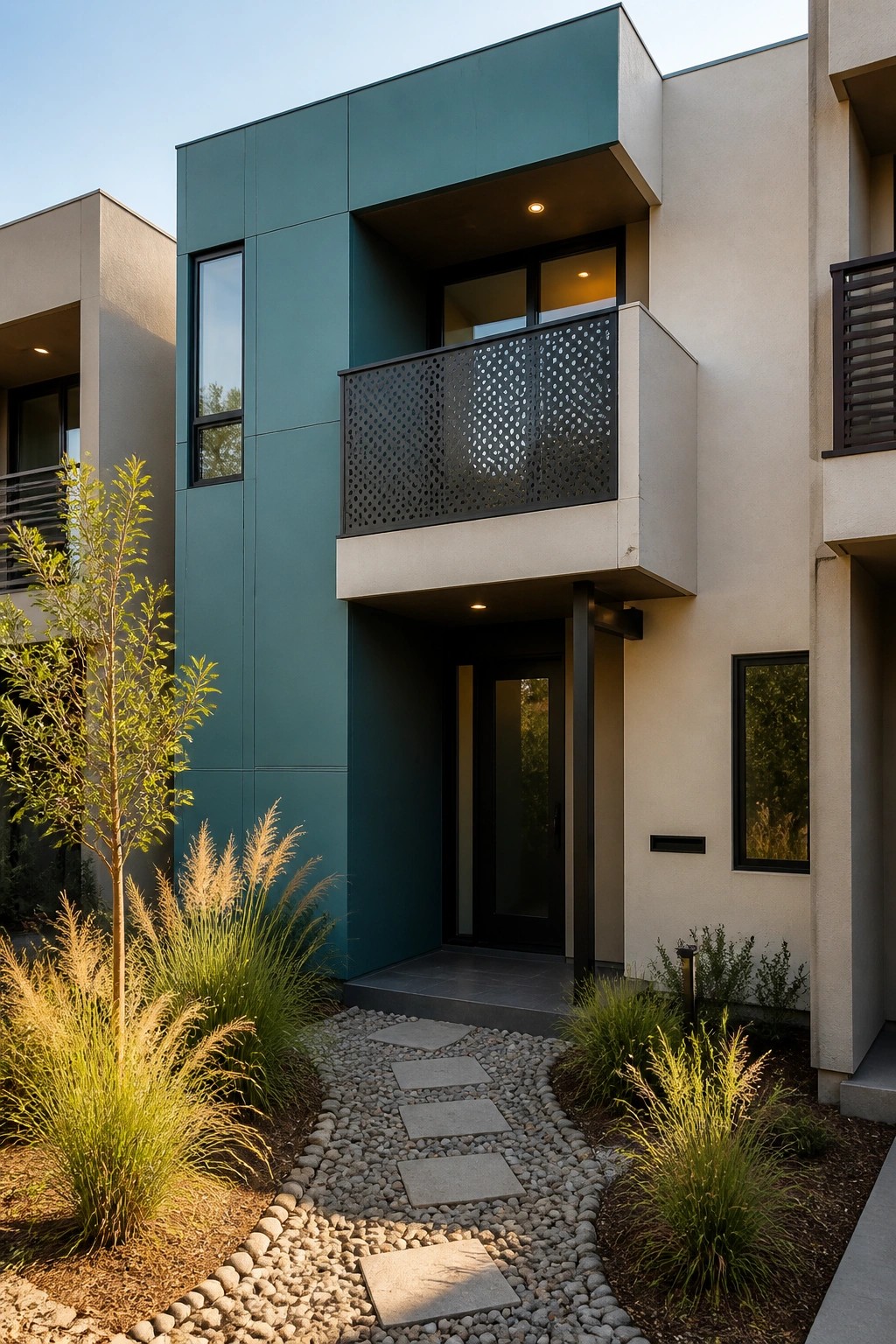 Modern two-story house exterior with large teal fiber cement panels, a black metal balcony with perforated screen, dark entry door, and stone pathway through landscaping.