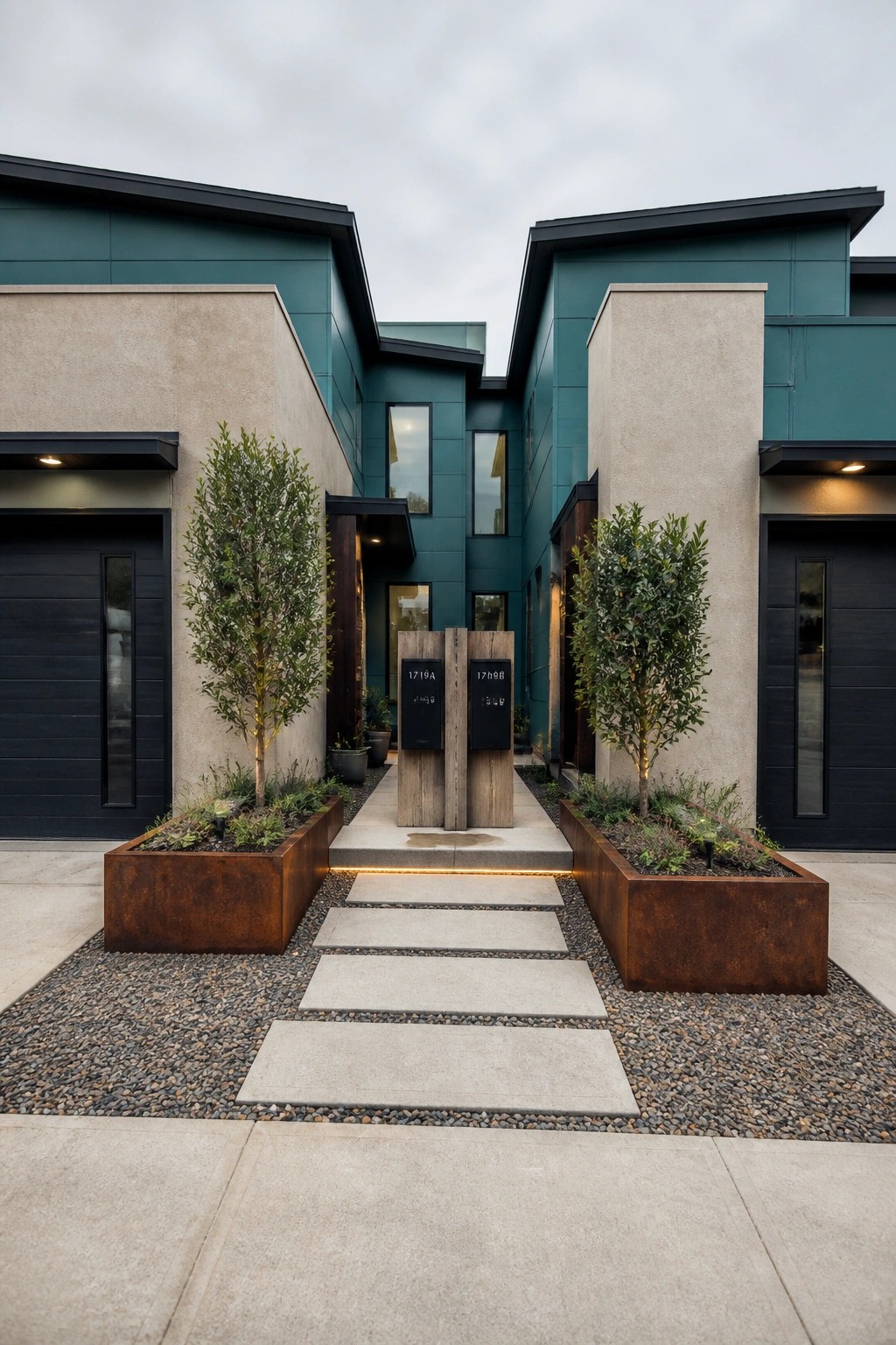 Modern teal and beige homes with black garages, rusted planters, and stone pathway.