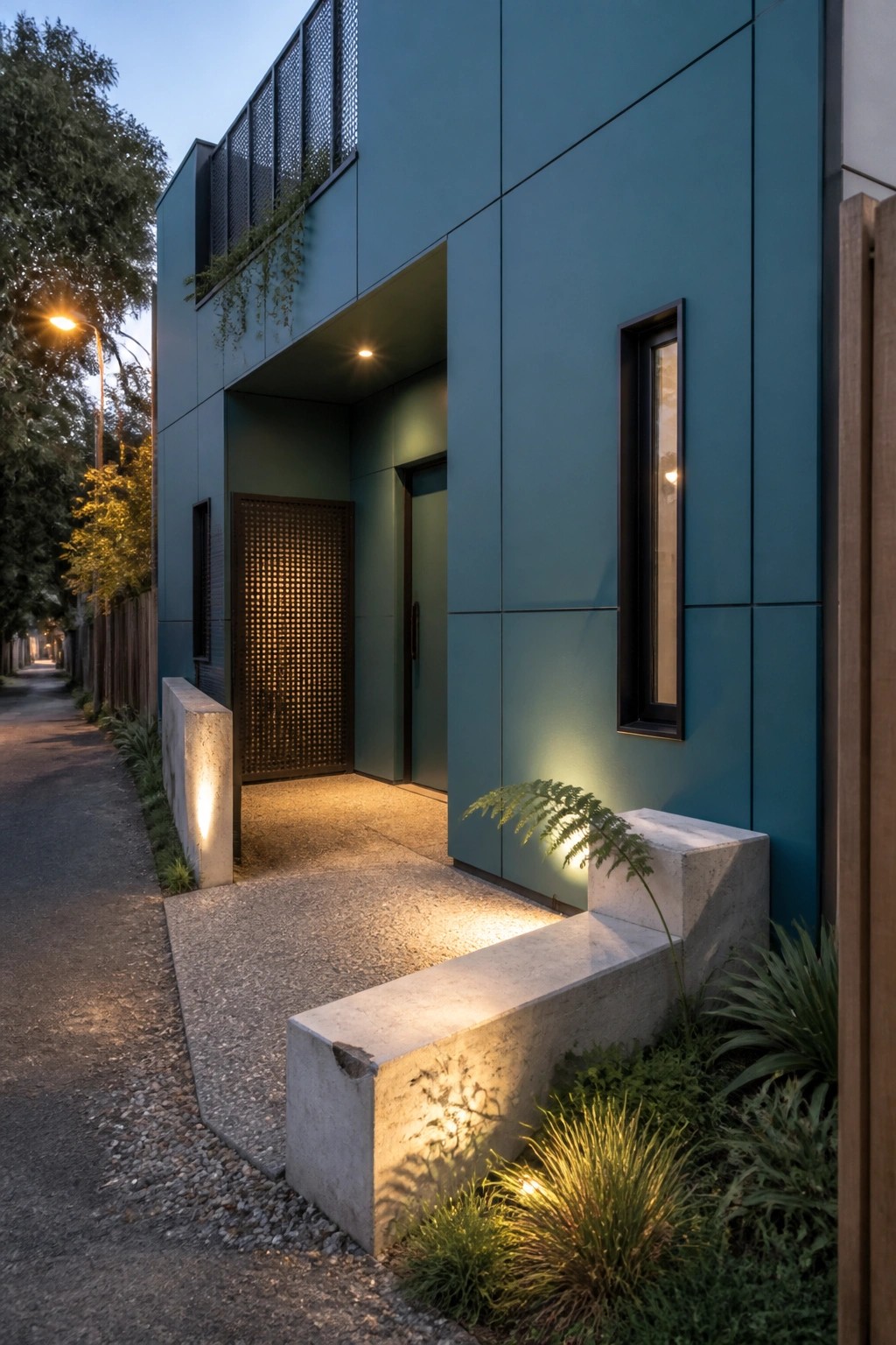 Modern teal building entrance at night with illuminated concrete steps and perforated door