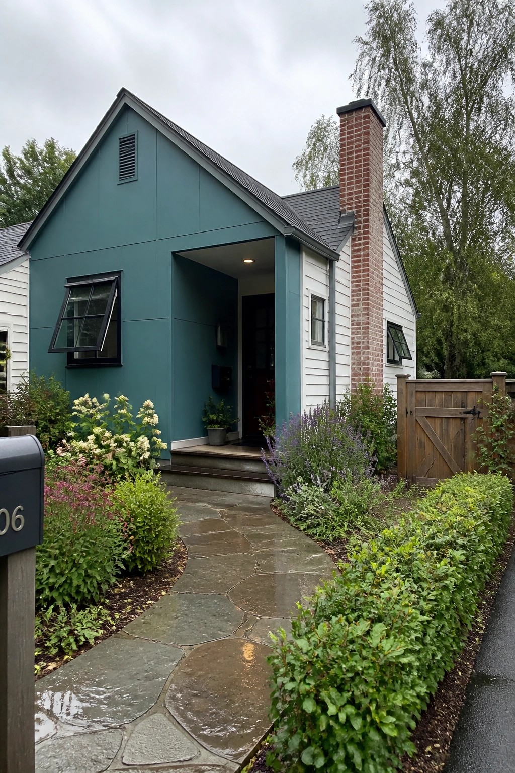 A teal house exterior with smooth fiber cement panels, a covered entryway, brick chimney, and stone pathway.