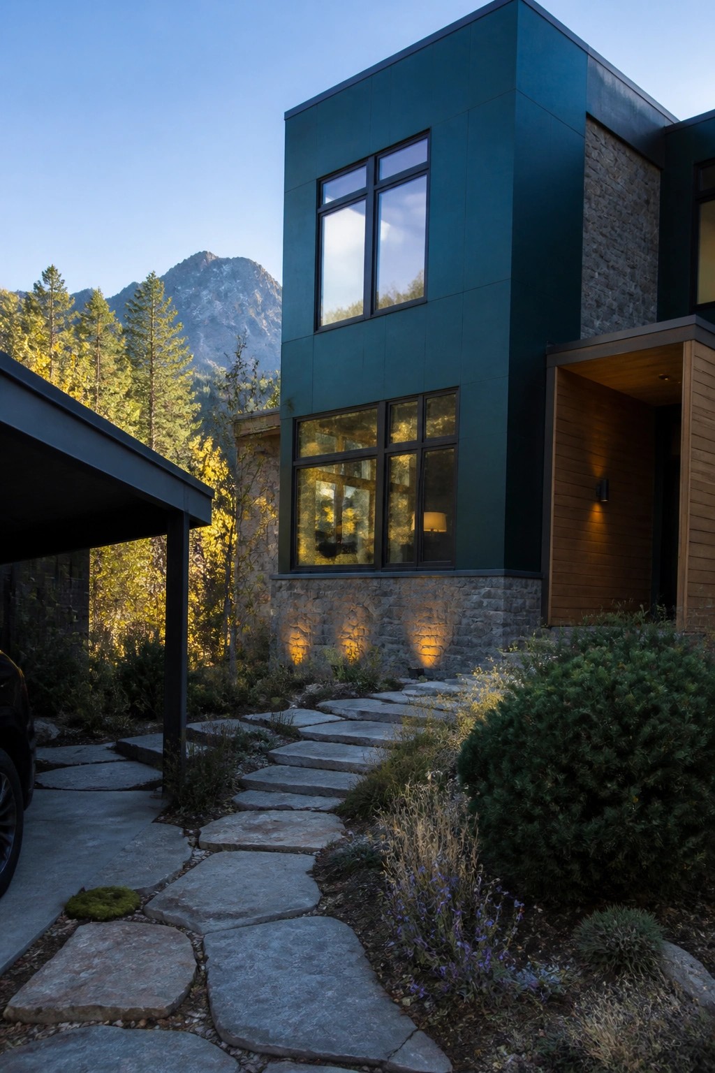 Modern teal house with stone accents, large windows, and winding stone path amid mountains.