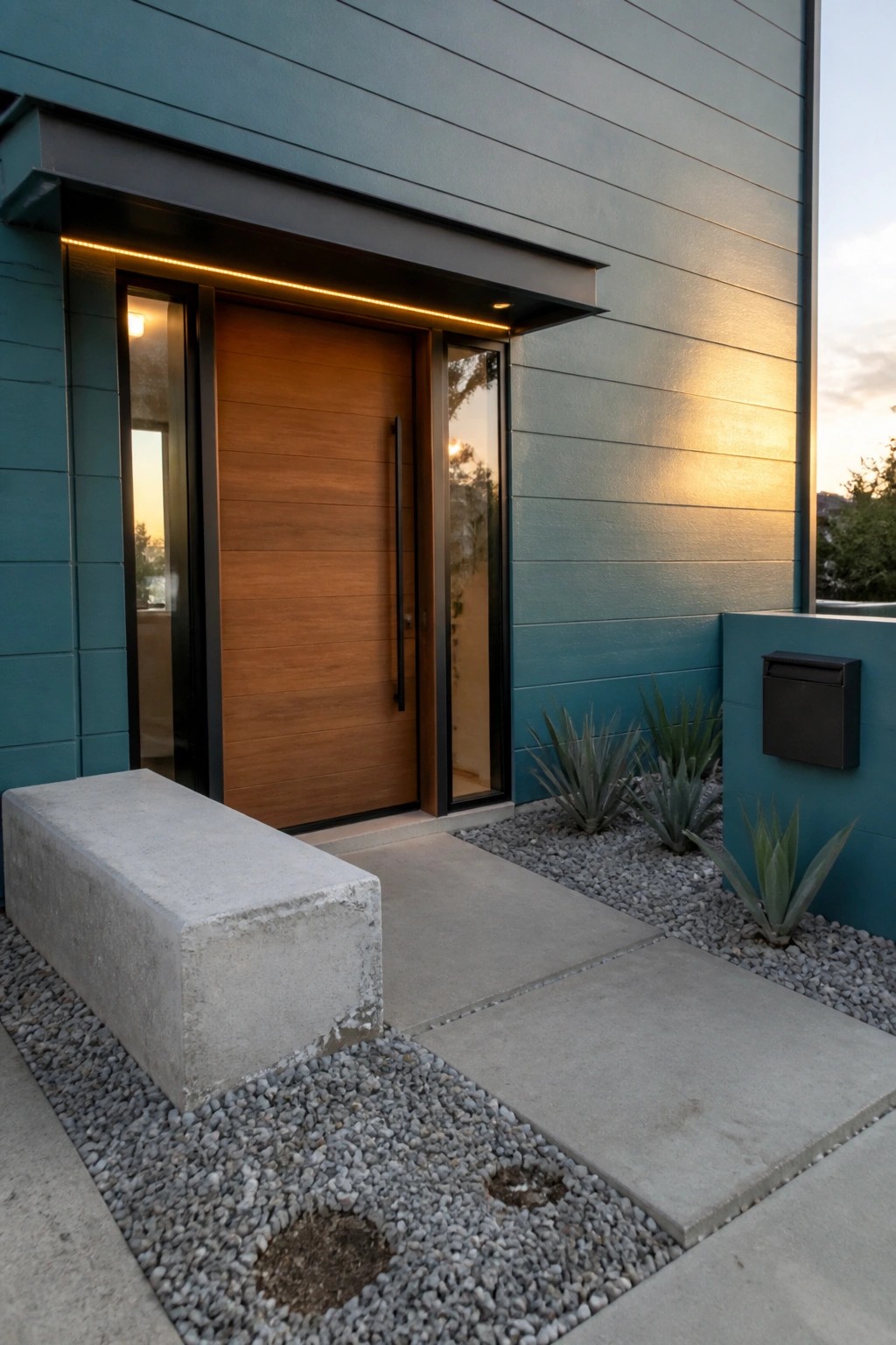 Modern teal house entrance with wooden door, concrete bench, gravel and agave plants