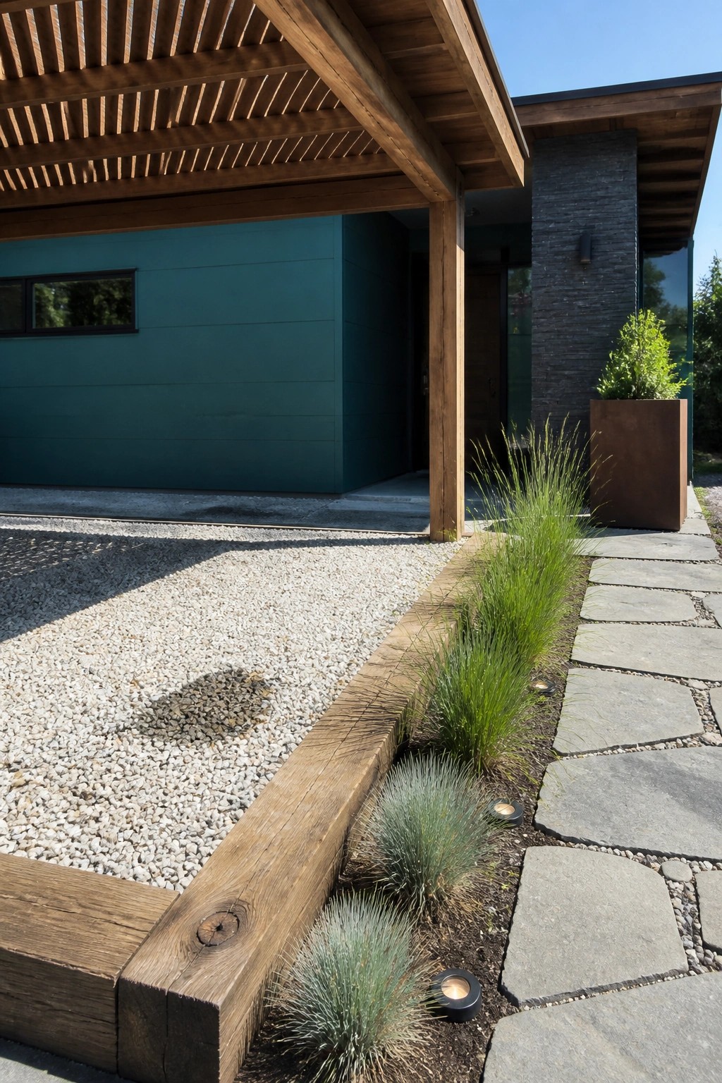 Modern house exterior with teal fiber cement panels, wooden beams and posts, stone column, gravel bed, stone pathway, and low landscaping.