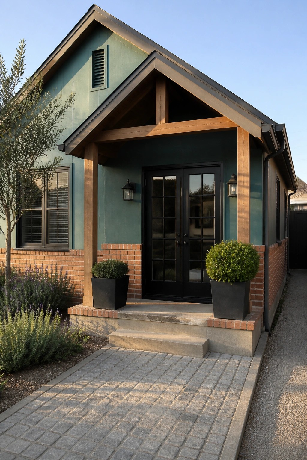 A teal house exterior with smooth fiber cement siding, black double doors, brick foundation, wooden porch beams, and two potted shrubs on the steps.