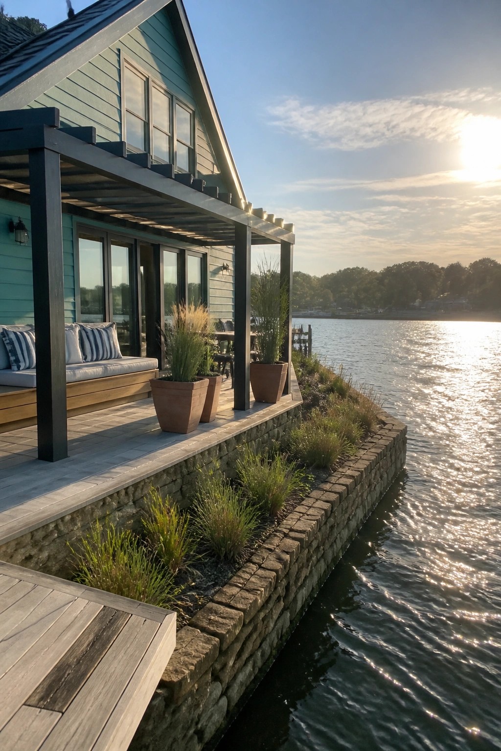 A teal house with smooth siding and dark trim sits beside a body of water, featuring a covered porch with seating and potted plants along a stone retaining wall.